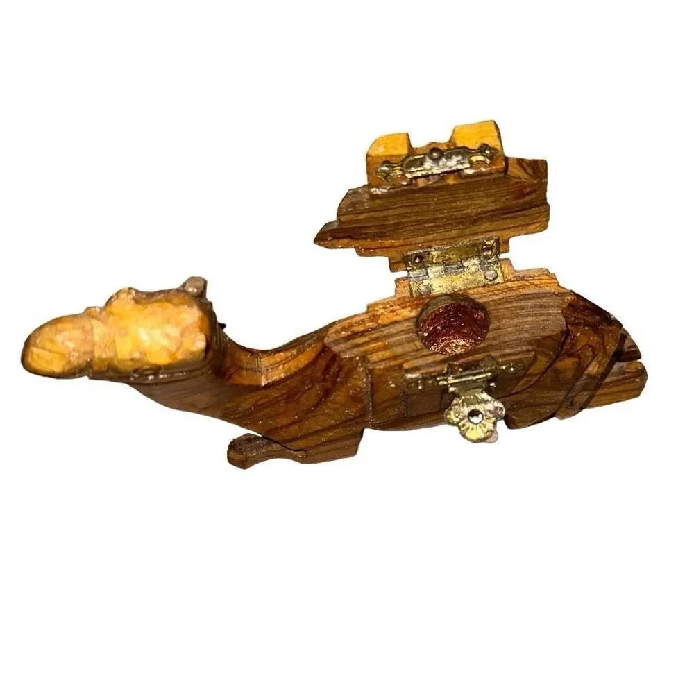 Camel Figurine From Egypt hand carved olive wood trinket box vintage wooden